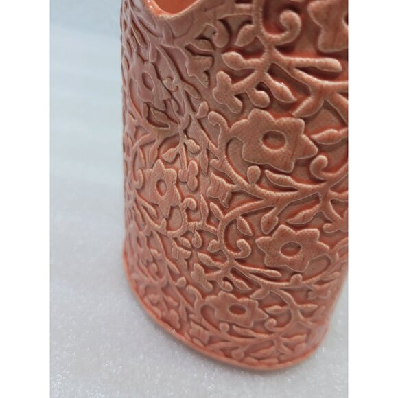 Embossed Orange Tulip Vase Handmade Ceramic Flowers Unique - Picture 6 of 8
